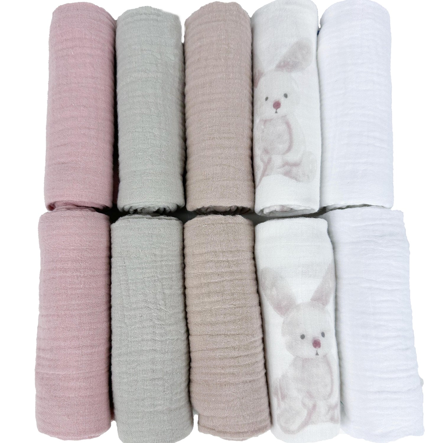 Pieluszki muślinowe 10 szt., 50x30, biały, królik, róż i cappuccino | Plumeri