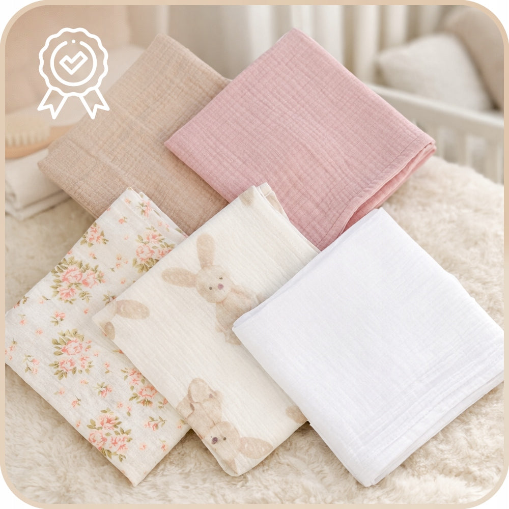 Pieluszki muślinowe, 10 szt., 50x30 cm, Biały królik kwiatki różowy cappuccino | Plumeri