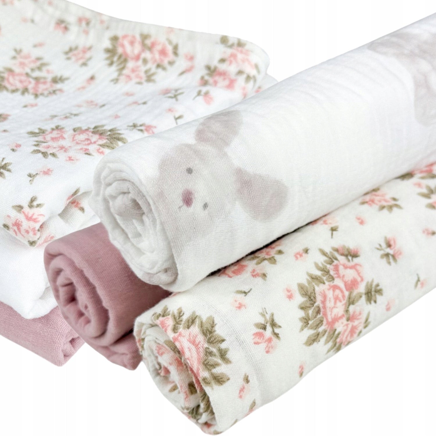 Pieluszki muślinowe 3 szt., 70x70, kwiaty, królik i różowy | Plumeri