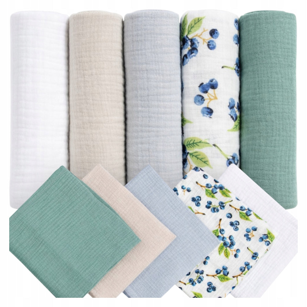 Pieluszki muślinowe, 10 szt., 50x30 cm, Biały borówki ziemisty gołębi zielony | Plumeri