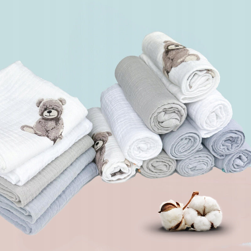 Pieluszki muślinowe, 10 szt., 50x30 cm, Biały / Misie / Gołębi / Szary | Plumeri