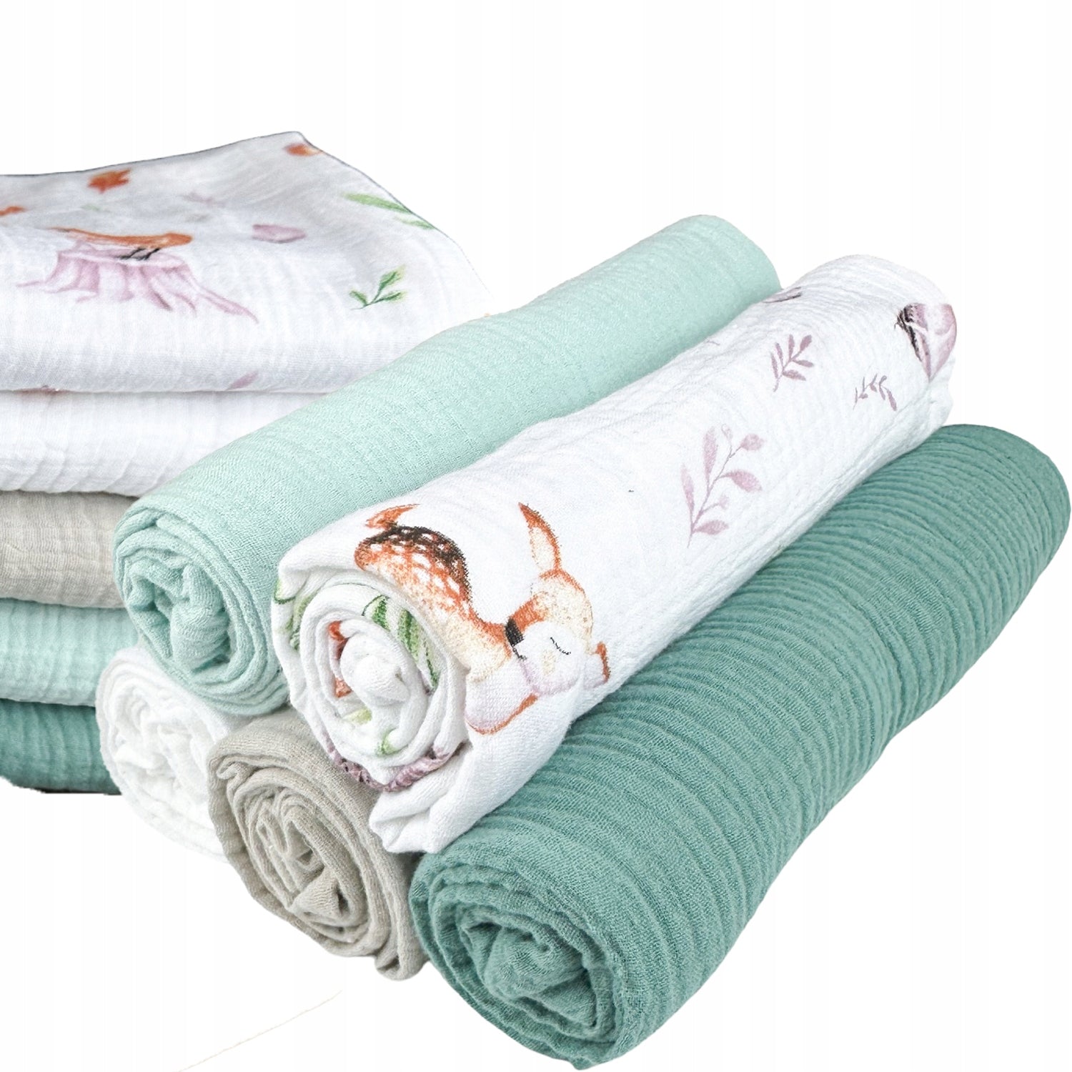 Pieluszki muślinowe, 5 szt., 70x70 cm, 5szt las / Ziemisty zielony / Miętowy / Biały | Plumeri