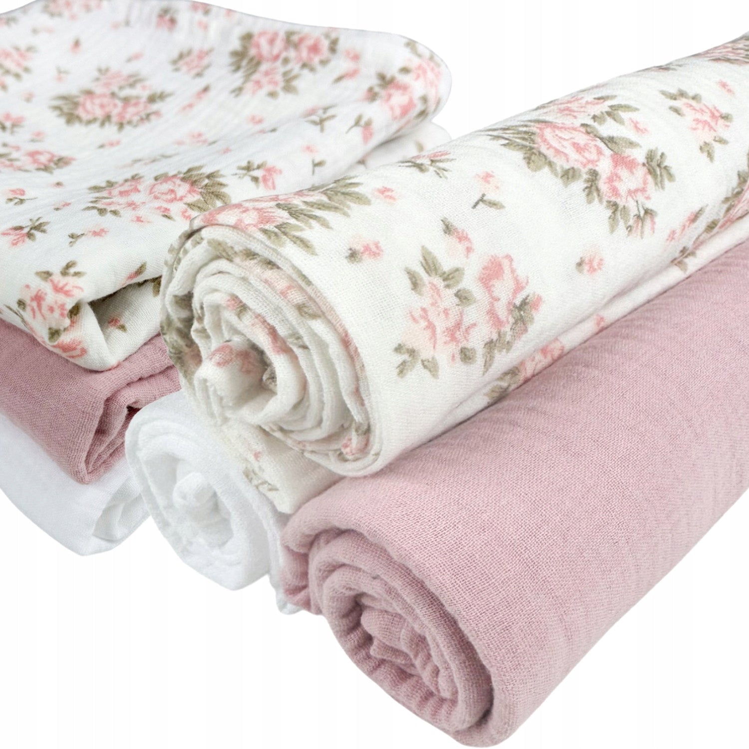 Pieluszki muślinowe, 3 szt., 70x70 cm, Kwiaty różowy biały | Plumeri