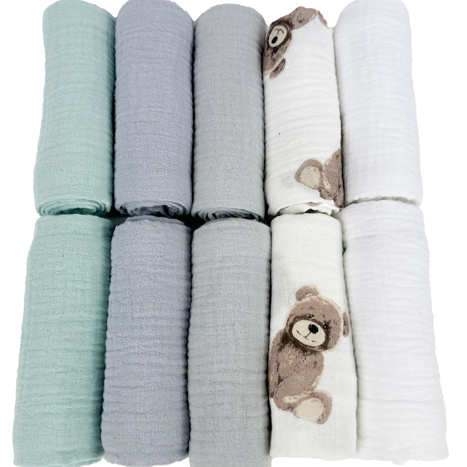 Pieluszki muślinowe, 10 szt., 30x30 cm, Biały / Misie / Mięta / Gołębi | Plumeri