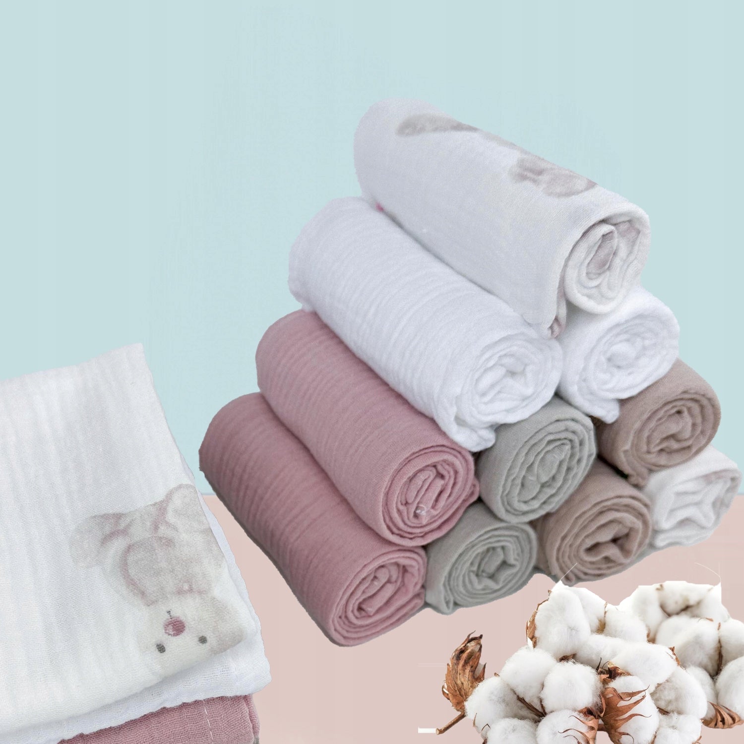 Pieluszki muślinowe 10 szt., 50x30, biały, królik, róż i cappuccino | Plumeri