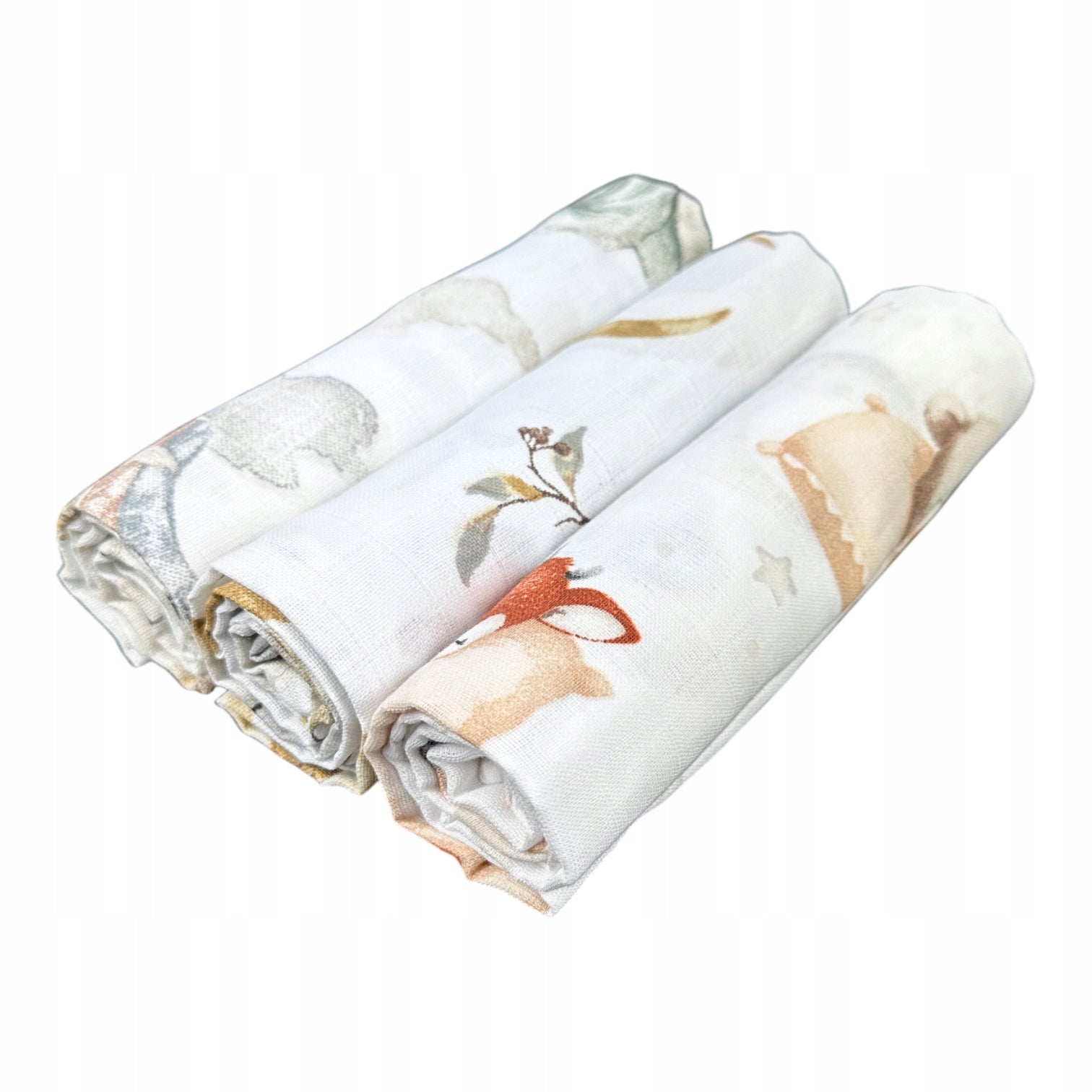 Musselintücher, 3 Stk., 70x70 cm, Elefant Eule Bär | Plumeri