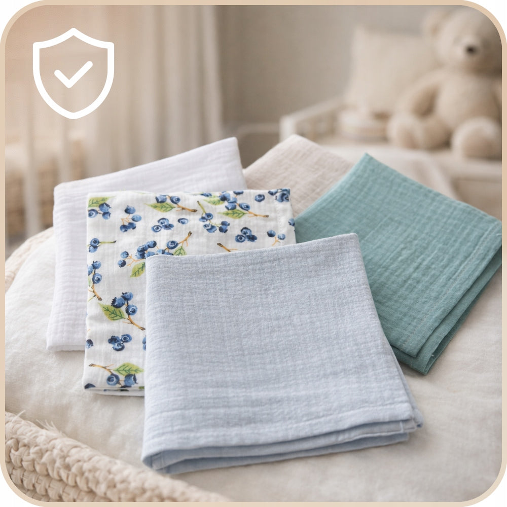 Pieluszki muślinowe, 10 szt., 30x30 cm, Brzoskwinki borówki motylki kwiatki trus | Plumeri