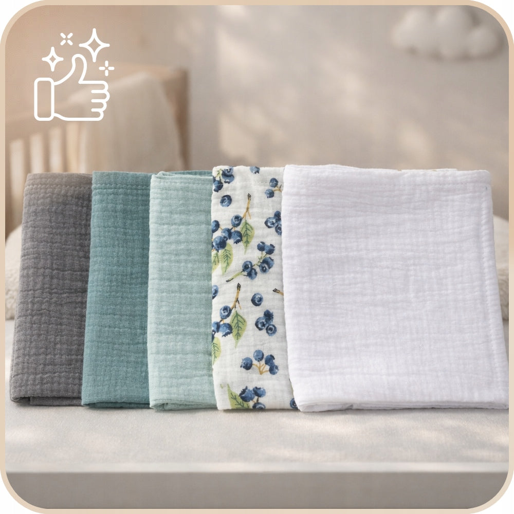 Pieluszki muślinowe, 10 szt., 50x30 cm, Grafit miętowy zielony borówki biały | Plumeri