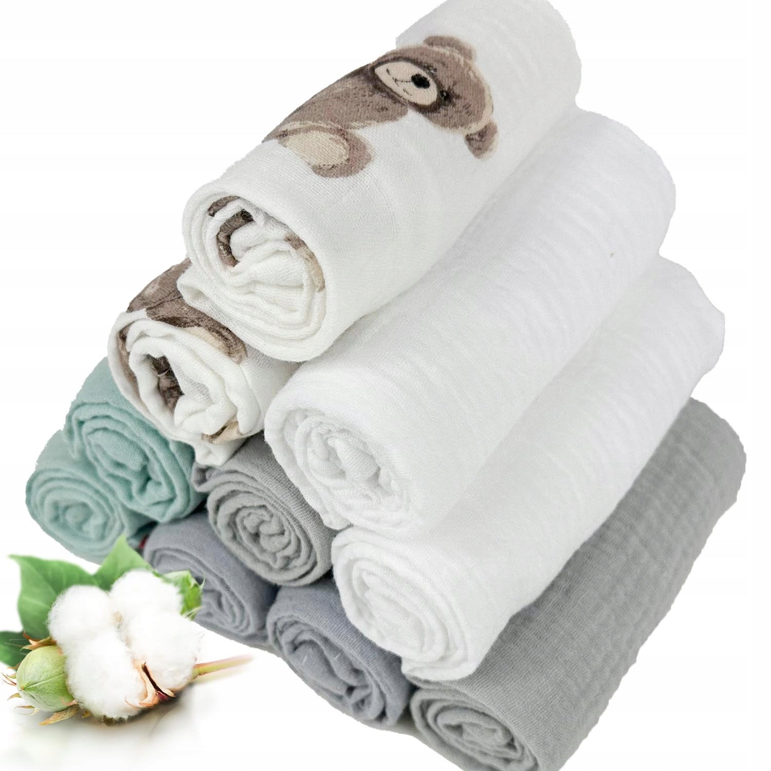 Pieluszki muślinowe, 10 szt., 30x30 cm, Biały / Misie / Mięta / Gołębi | Plumeri