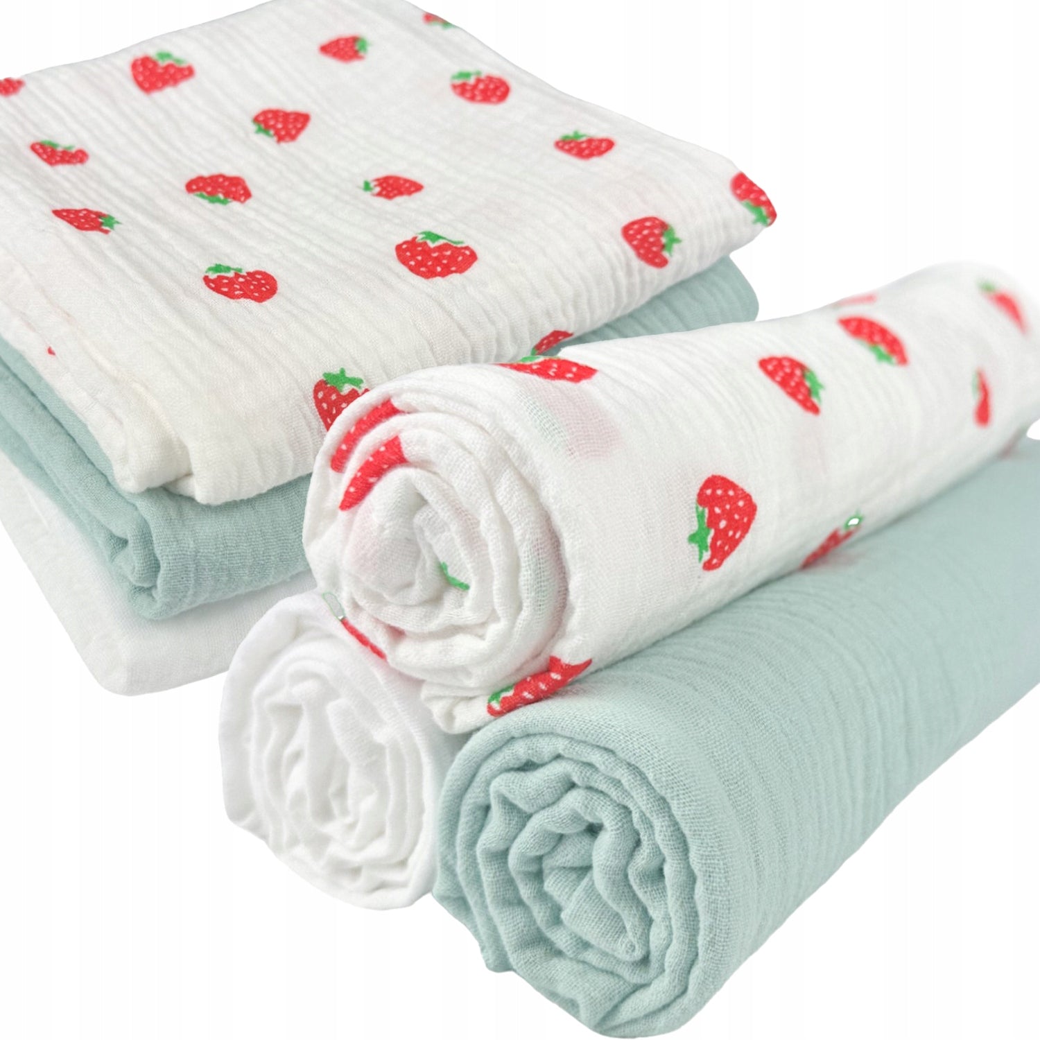 Pieluszki muślinowe, 3 szt., 70x70 cm, Truskawka mięta biały | Plumeri