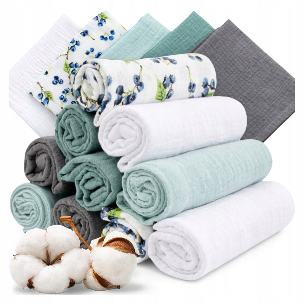 Pieluszki muślinowe 10 szt., 30x30, grafit, mięta, borówki, mix kolorów | Plumeri