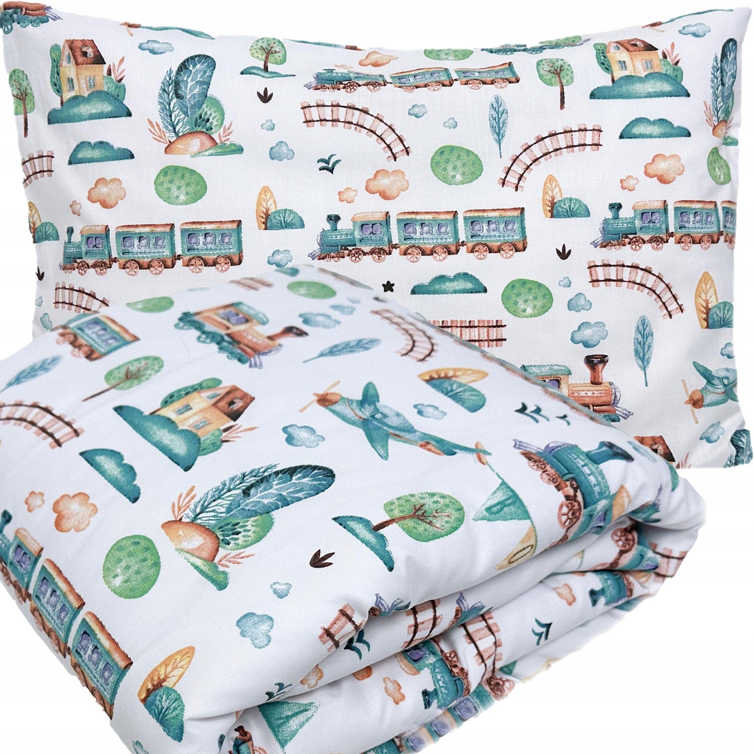 Pościel dziecięca, 100x135 + 40x60 cm, wzór Lokomotywa + | Plumeri