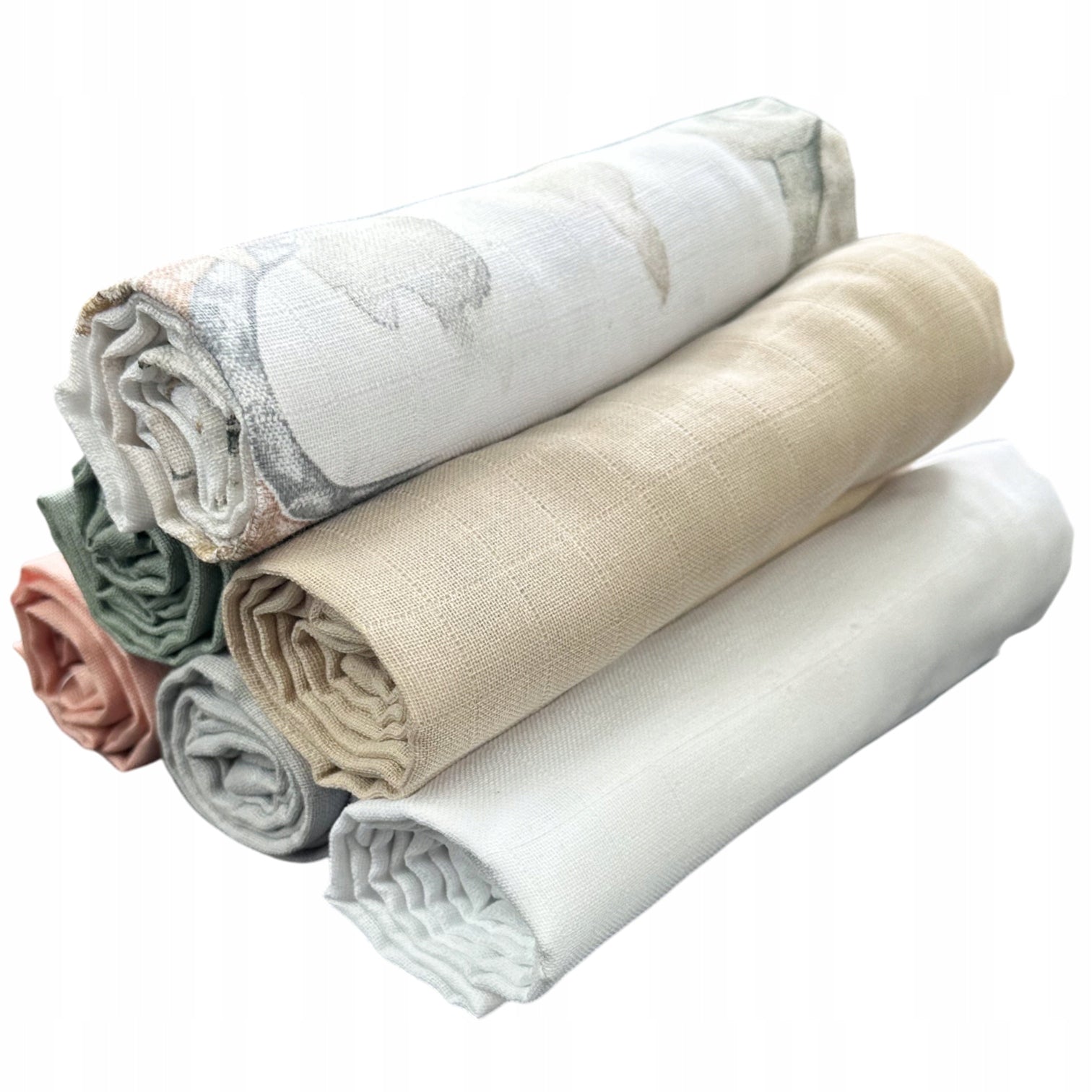 Musselintücher, 6 Stk., 70x70 cm, Grau Grün Weiß Rosa Elefant Beige | Plumeri