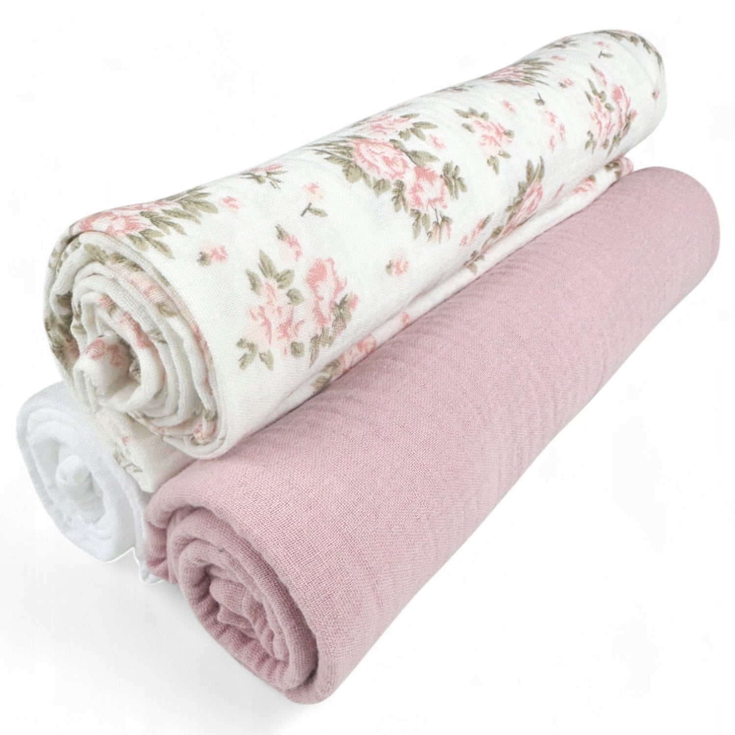 Pieluszki muślinowe, 3 szt., 70x70 cm, Kwiaty różowy biały | Plumeri