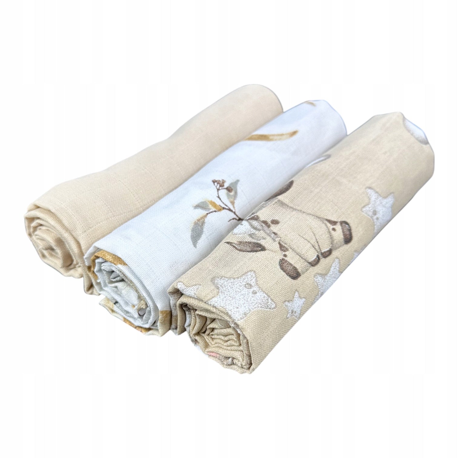 Musselwindeln, 3 Stk., 70x70 cm, Giraffe Bär Beige Musselin Gitter | Plumeri