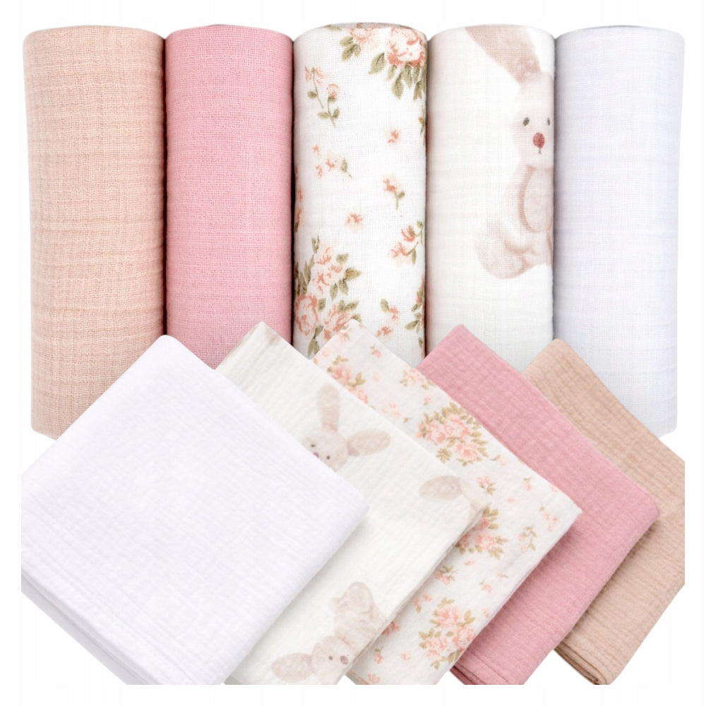 Pieluszki muślinowe, 10 szt., 50x30 cm, Biały królik kwiatki różowy cappuccino | Plumeri