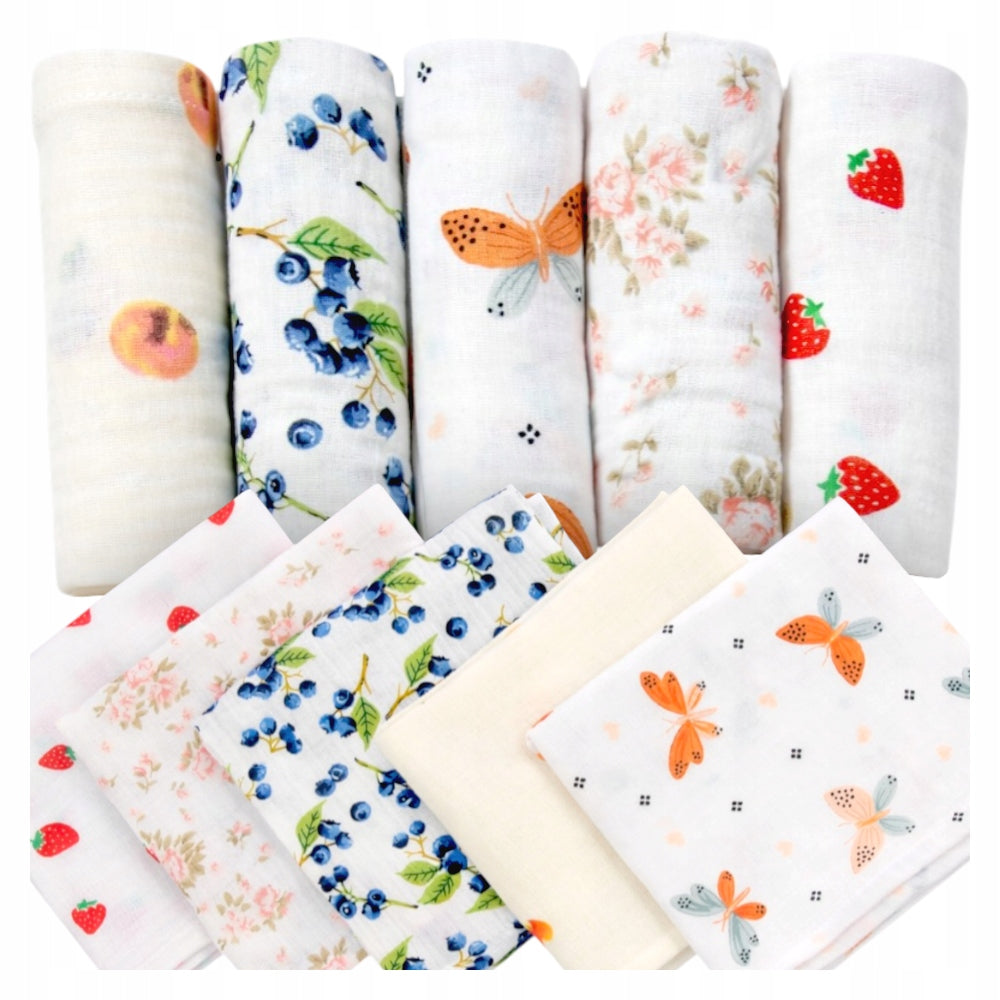 Pieluszki muślinowe 10 szt., 50x30, brzoskwinki, borówki, motylki, mix wzorów | Plumeri