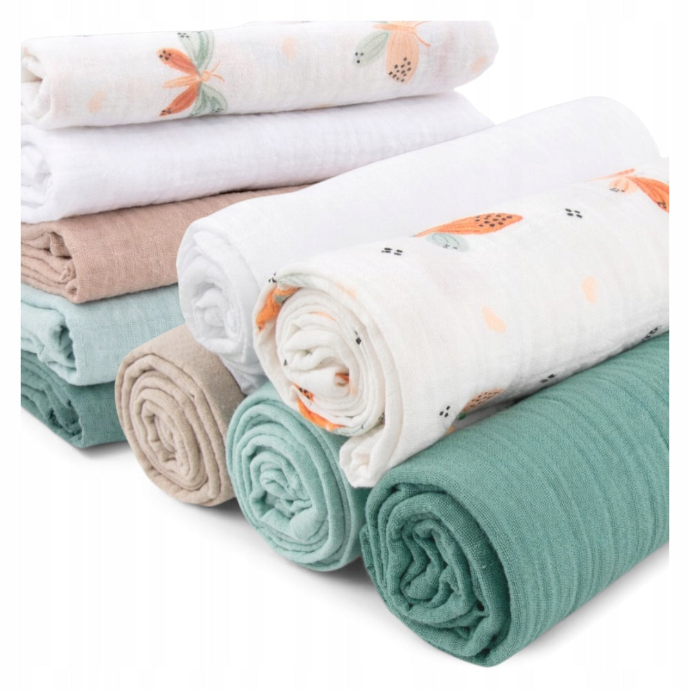 Pieluszki muślinowe 5 szt., 70x70, biały, motylki, cappuccino, mięta i zielony | Plumeri