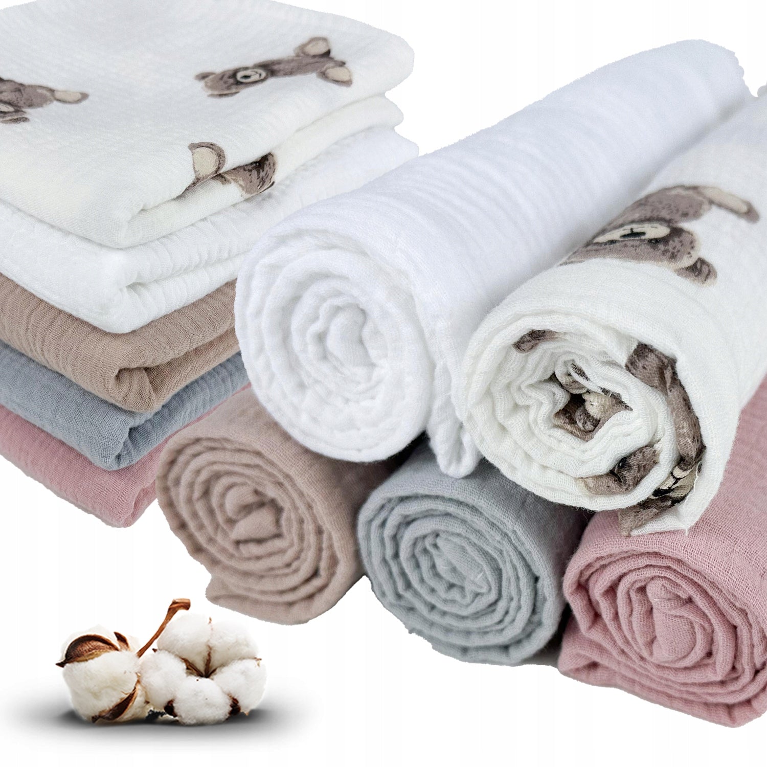 Pieluszki muślinowe, 5 szt., 70x70 cm, 5szt róż / Szary capp misie / Biały | Plumeri