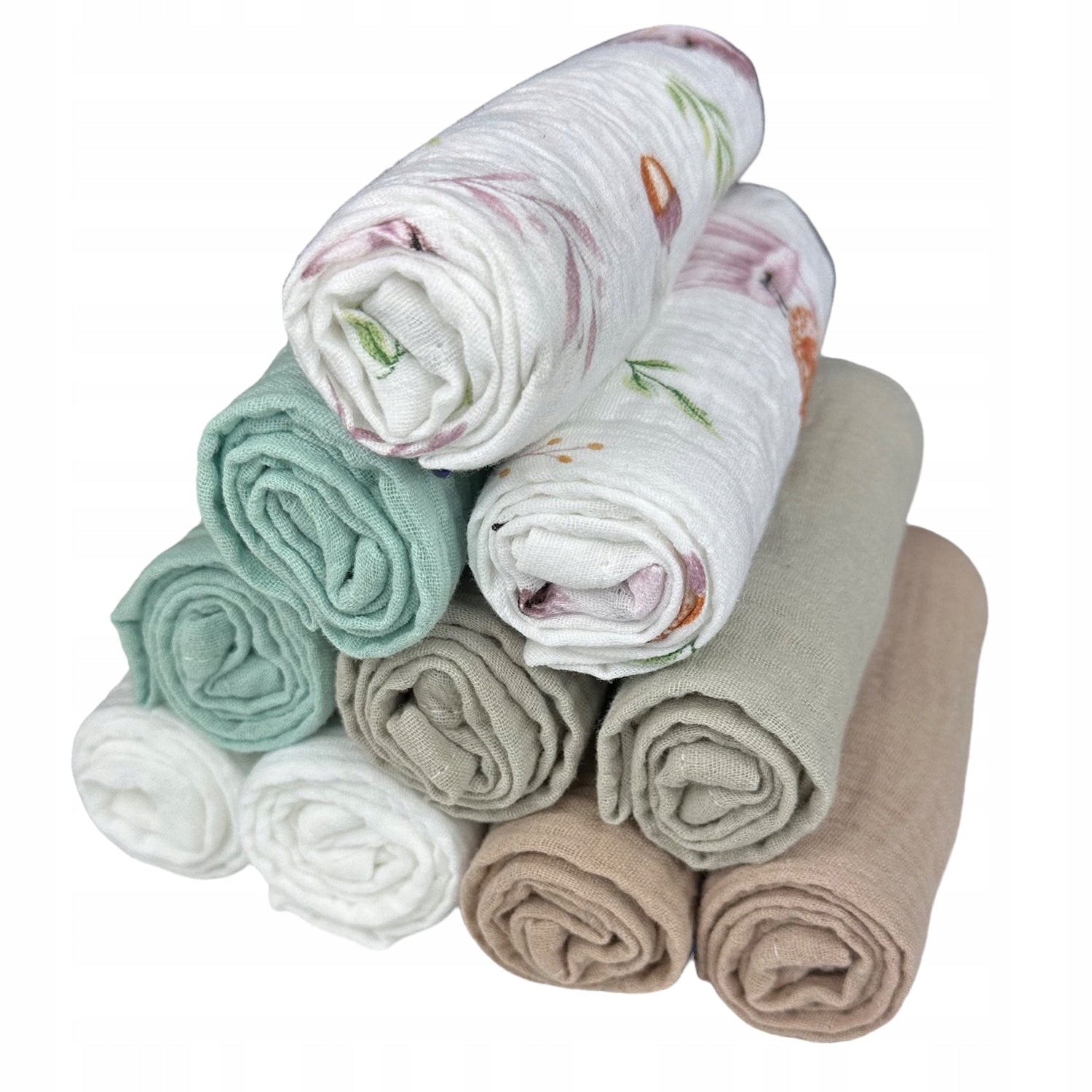 Pieluszki muślinowe 10 szt., 30x30, biały, las, zieleń i ziemisty | Plumeri