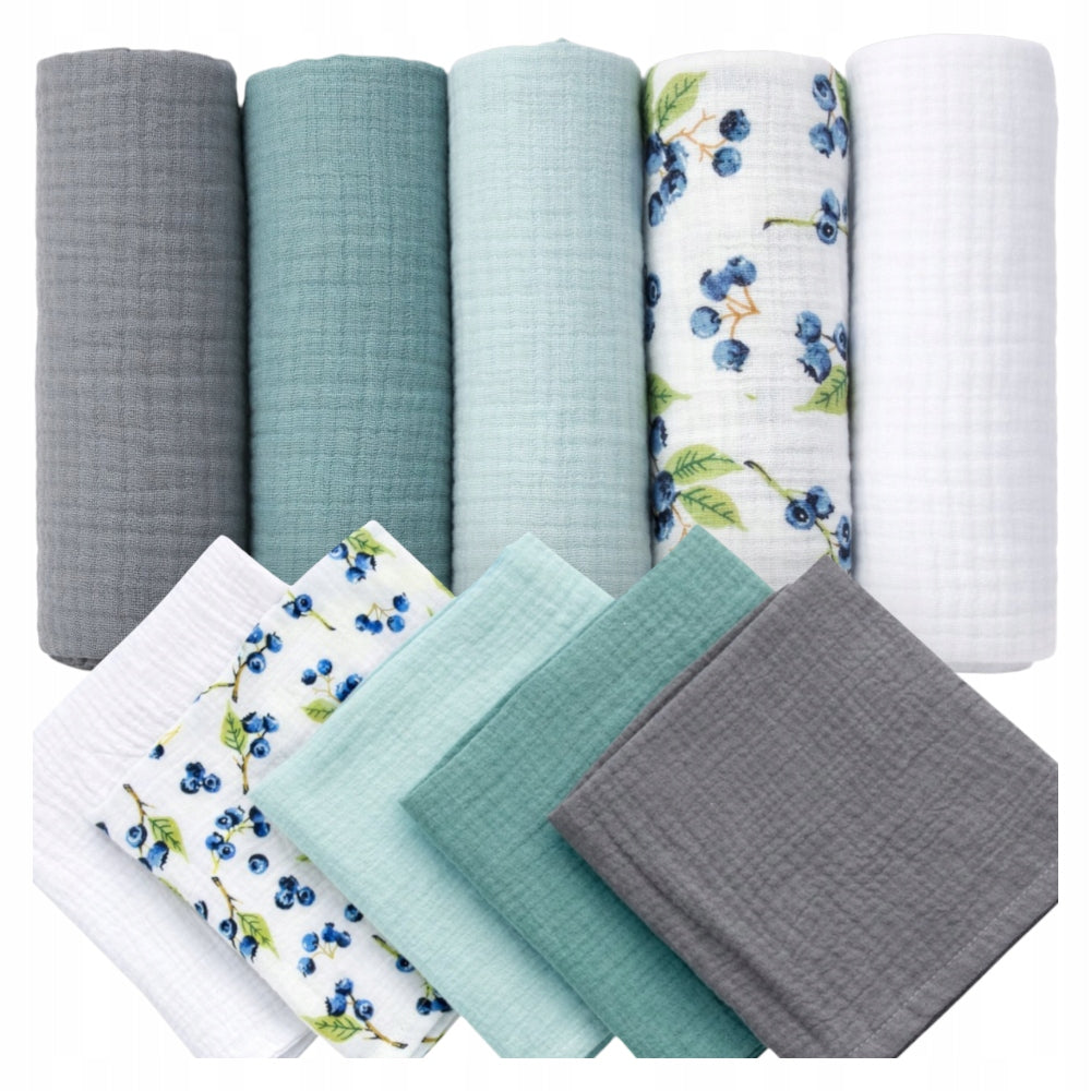 Pieluszki muślinowe, 10 szt., 50x30 cm, Grafit miętowy zielony borówki biały | Plumeri
