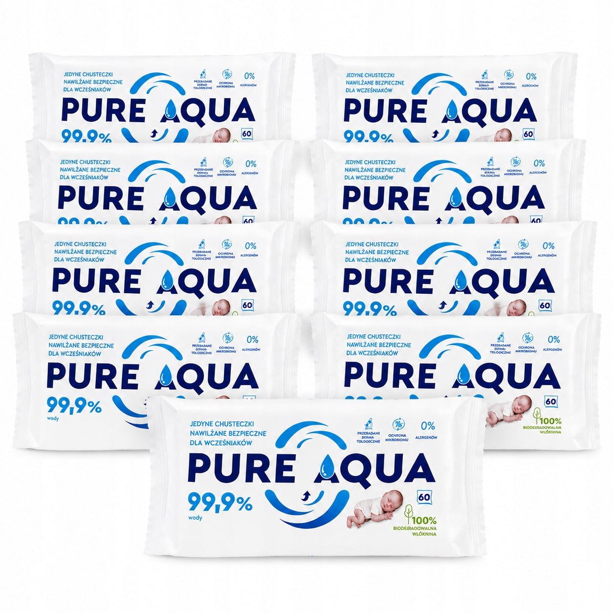 Chusteczki Dla Dzieci Niemowląt 99,9 Wody Hipoalergiczne 10x60szt PURE AQUA