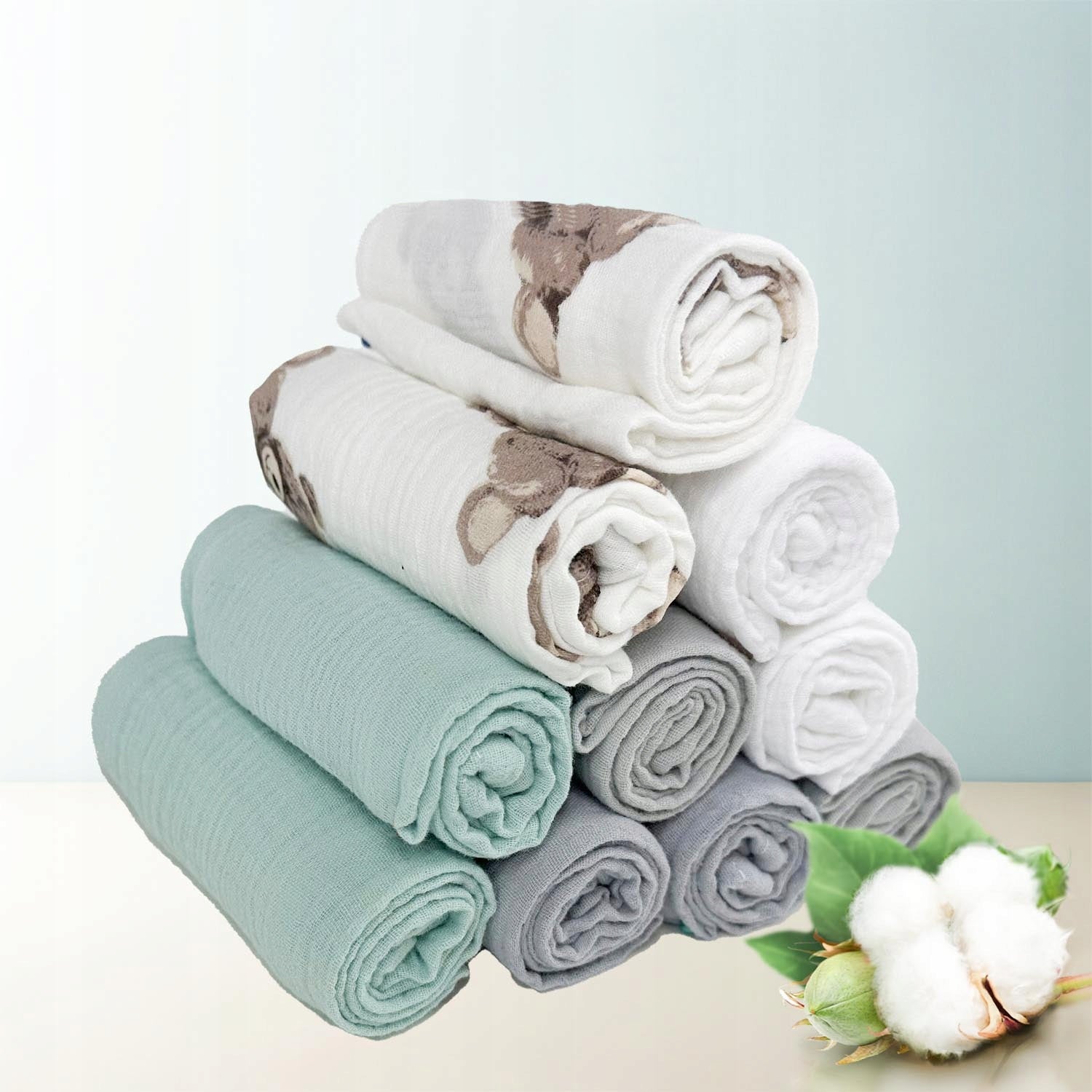 Pieluszki muślinowe, 10 szt., 50x30 cm, Biały / Misie / Miętowy / Gołębi | Plumeri