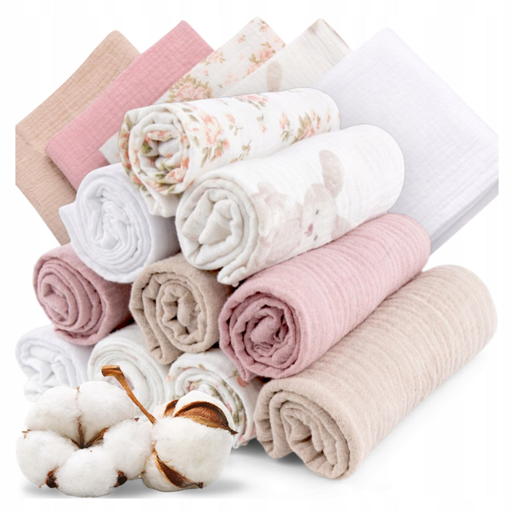 Pieluszki muślinowe, 10 szt., 30x30 cm, Biały królik kwiatki różowy cappuccino | Plumeri