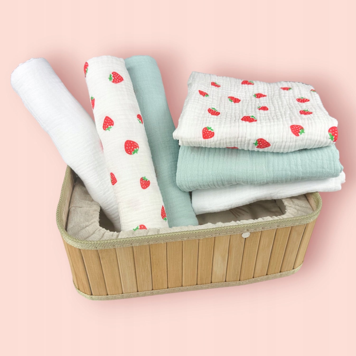 Pieluszki muślinowe, 3 szt., 70x70 cm, Truskawka mięta biały | Plumeri