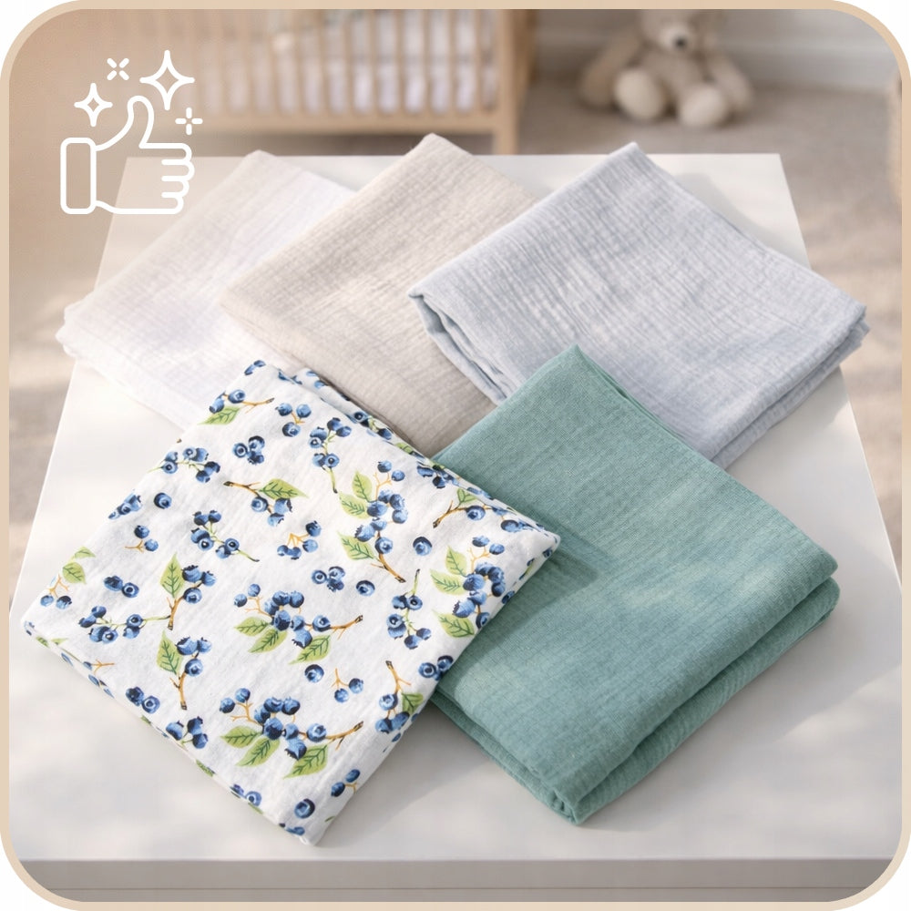 Pieluszki muślinowe 5 szt., 70x70, borówki, gołębi, ziemisty, mix kolorów | Plumeri