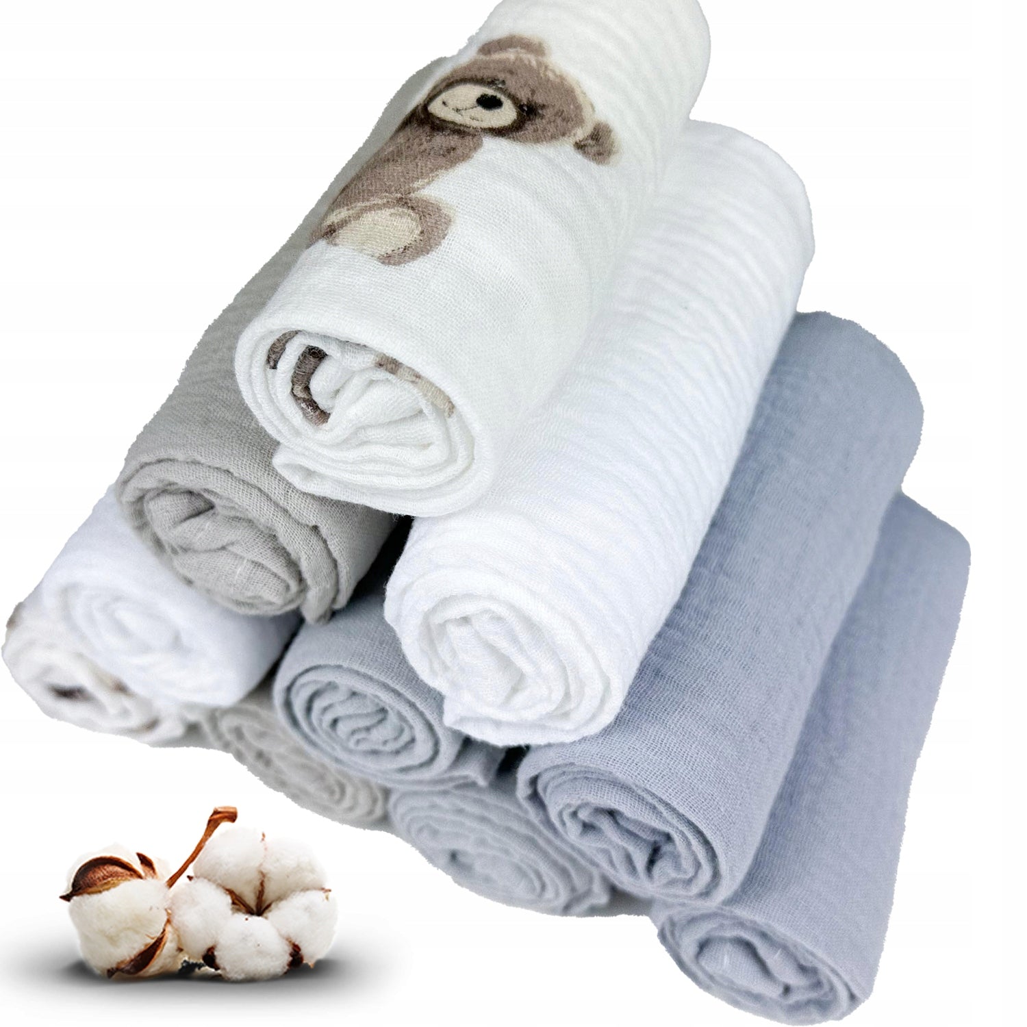 Pieluszki muślinowe 10 szt., 30x30, biały, misie, gołębi i szary | Plumeri