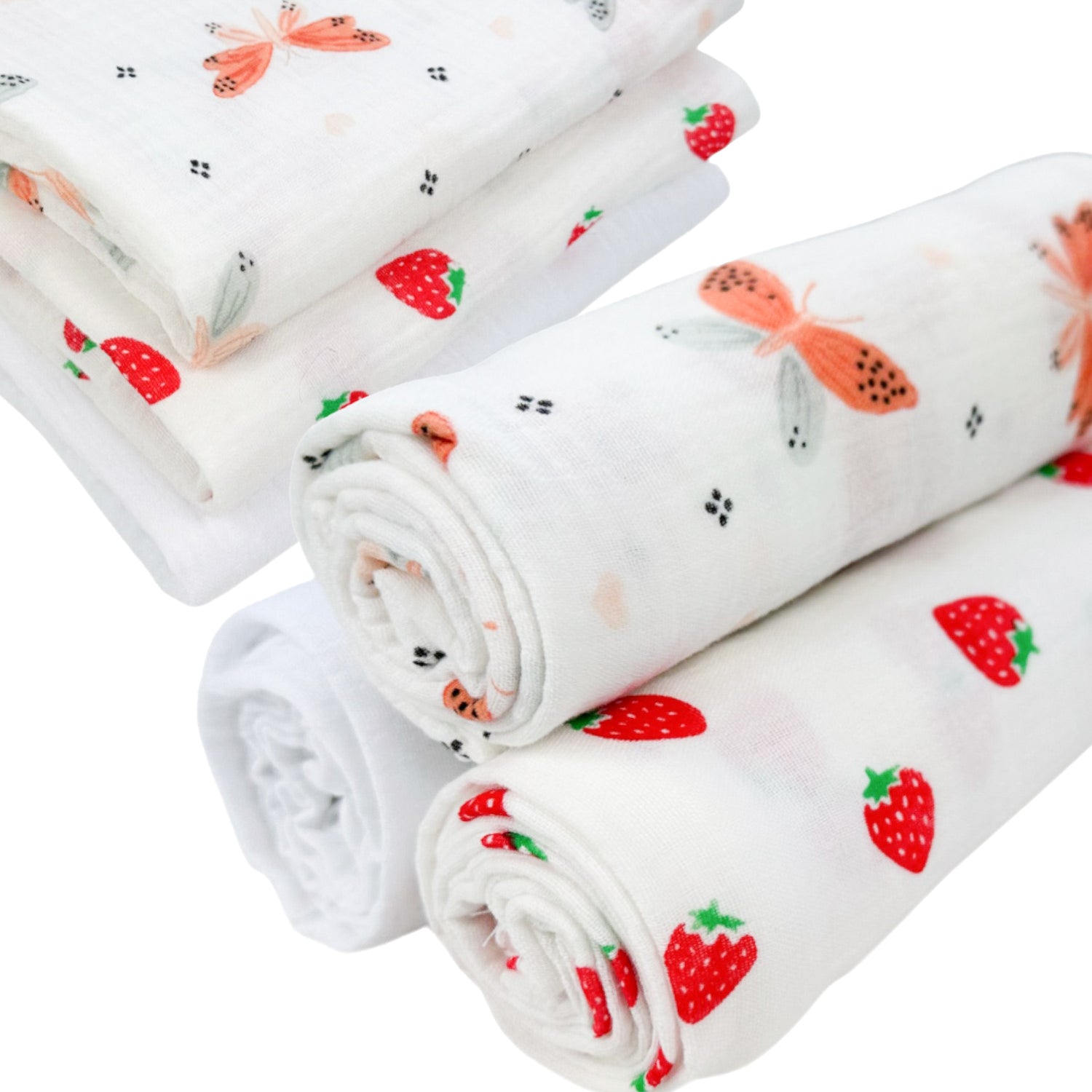 Pieluszki muślinowe, 3 szt., 70x70 cm, Motylek / Truskawka / Biały | Plumeri