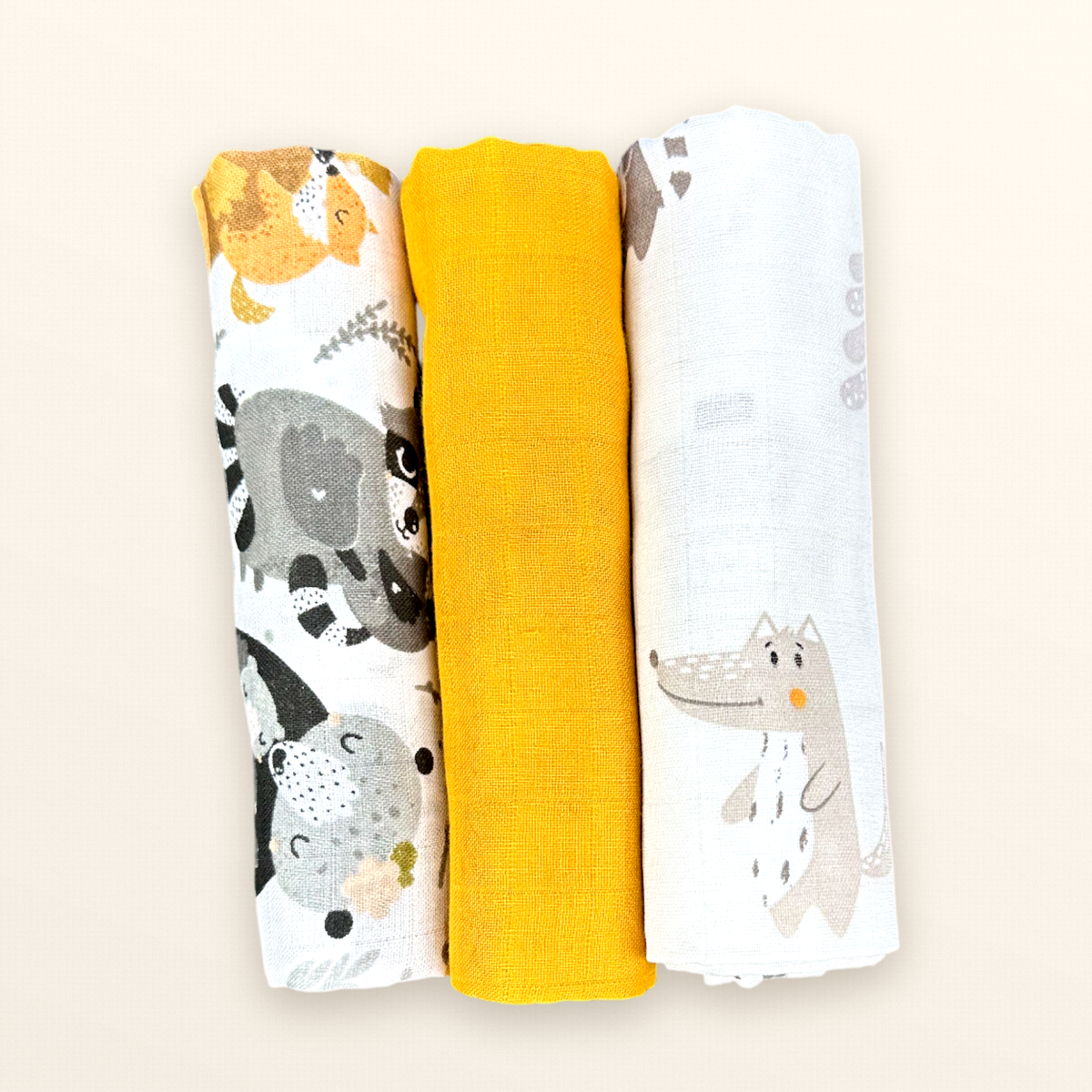 Pieluszki muślinowe, 3 szt., 70x70 cm, Żółty Lisek Leśna Rodzina Muslin Kratka | Plumeri