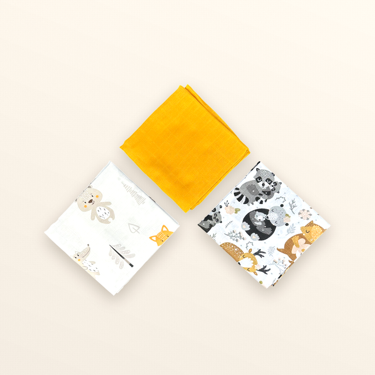 Pieluszki muślinowe, 3 szt., 70x70 cm, Żółty Lisek Leśna Rodzina Muslin Kratka | Plumeri